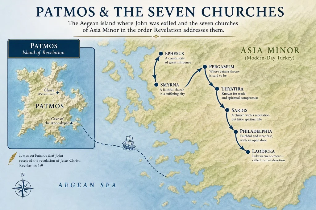Map of Patmos and the seven churches of Asia Minor (modern-day Turkey) — Ephesus, Smyrna, Pergamum, Thyatira, Sardis, Philadelphia, and Laodicea — in the order Revelation addresses them, with John&rsquo;s exile on Patmos marked at the Cave of the Apocalypse.