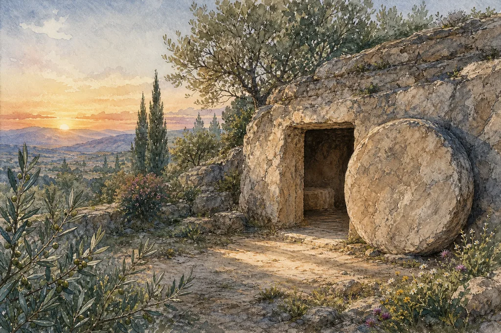Watercolor illustration of an open stone tomb with a round stone moved aside, olive branches and wildflowers at dawn.