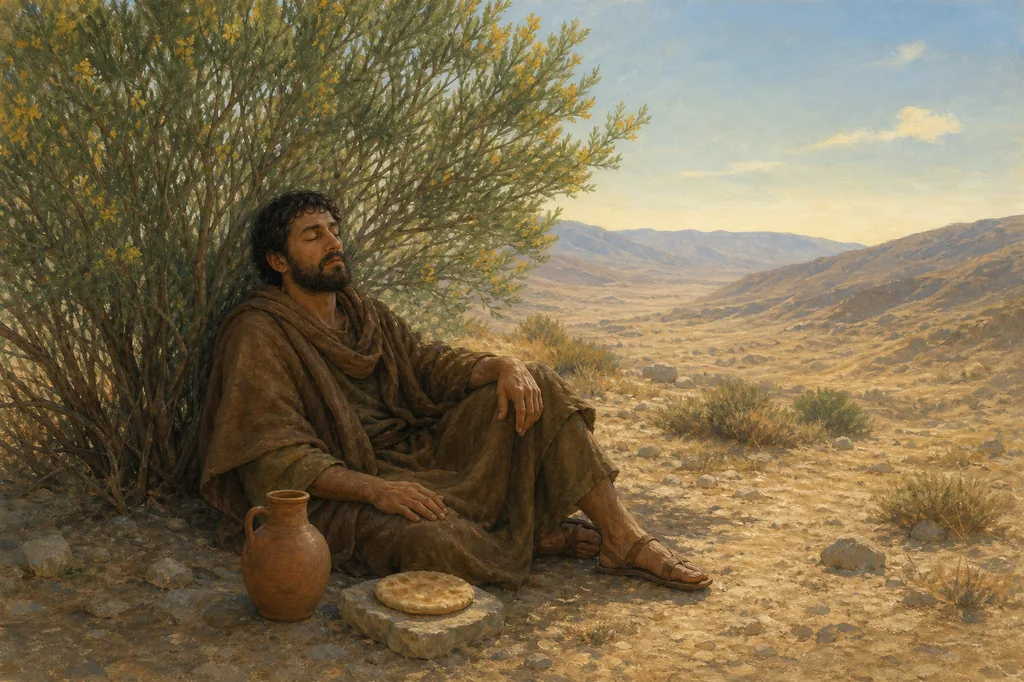 Illustration of a traveler resting beneath a desert shrub beside flatbread and a clay water jar.