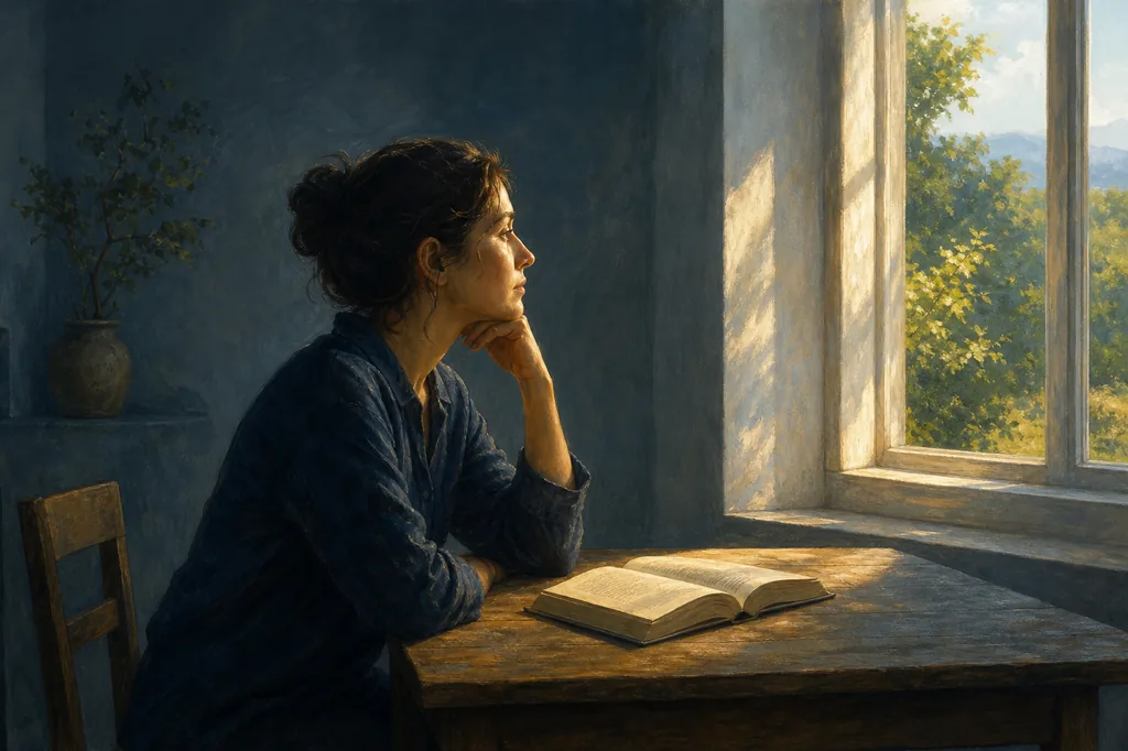 Illustration of a thoughtful reader beside an open book, looking toward sunlight through a window