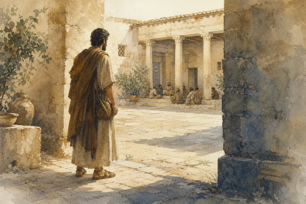 Watercolor illustration of an ancient traveler at the entrance to a sunlit stone courtyard where a small group is seated.