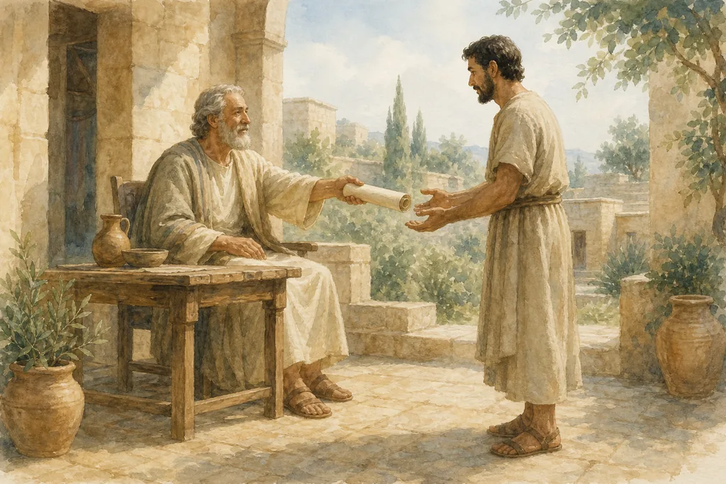Watercolor illustration of a seated master handing a rolled scroll to a servant with open hands in a stone courtyard.