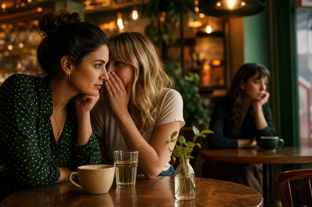 Two friends whisper together at a cafe while a third person sits apart behind them