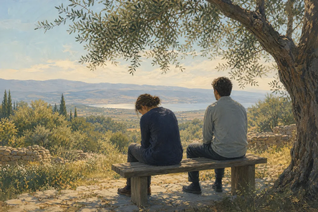 Two people sit quietly on a wooden bench beneath an olive tree, one with their head bowed.