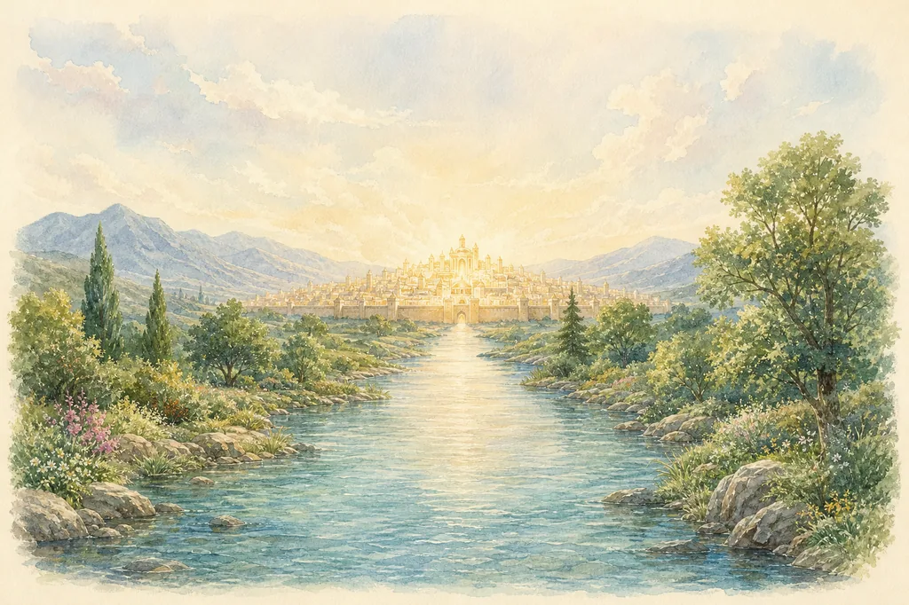 Watercolor illustration of a luminous golden city beyond a clear river, green trees and blue hills.