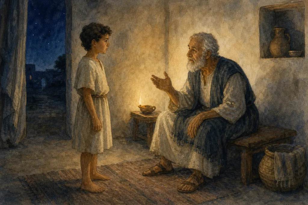 Watercolor illustration of young Samuel listening to elderly Eli beside an oil lamp in a simple ancient interior.