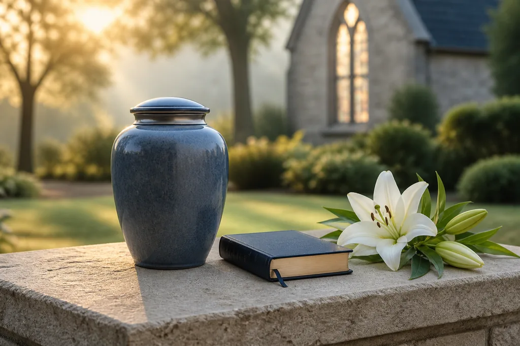 A closed urn, Bible, and white lilies in a quiet church memorial garden