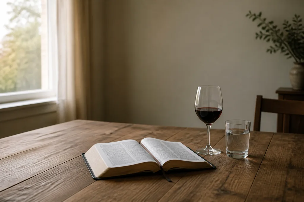 An open Bible beside a glass of red wine and a glass of water on a quiet wooden table