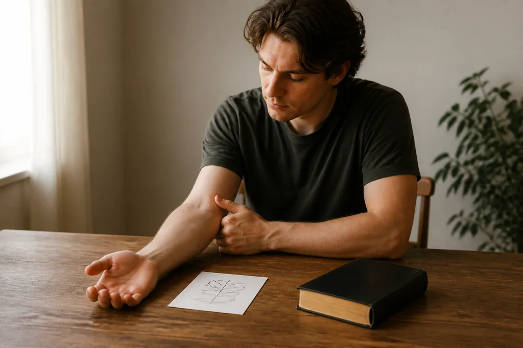 A man thoughtfully looks at his unmarked forearm beside a tattoo sketch and a closed Bible