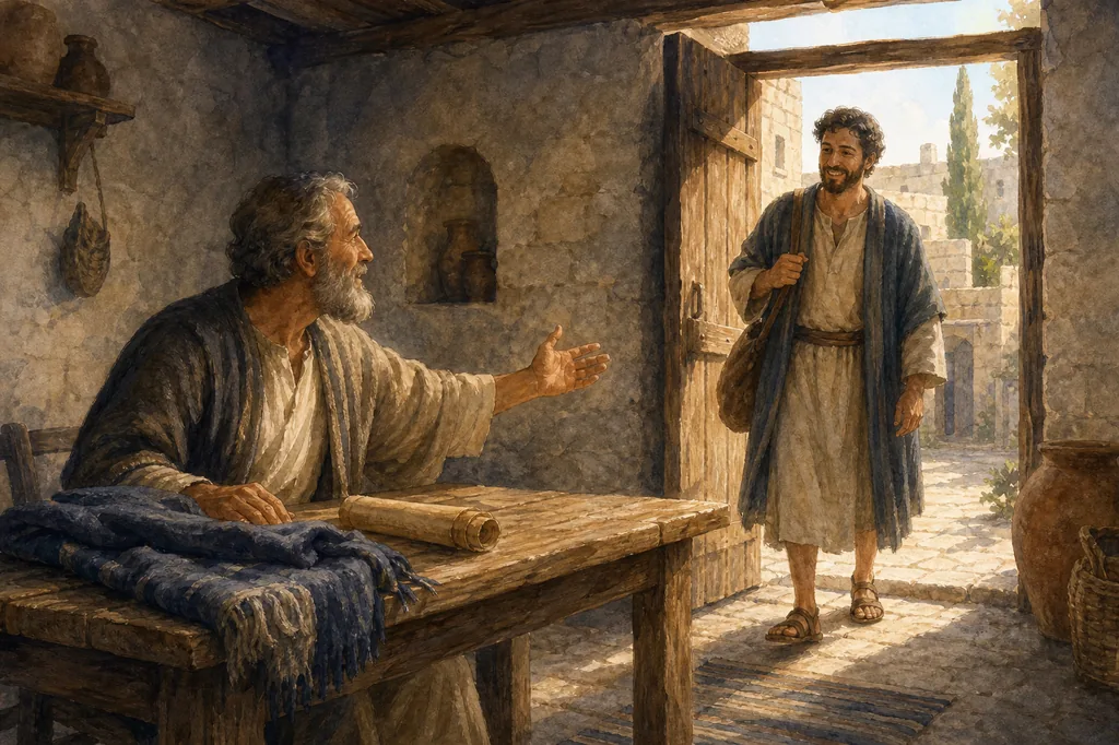 Illustration of an older man welcoming a visitor into a stone room, with a cloak and scroll on the table.