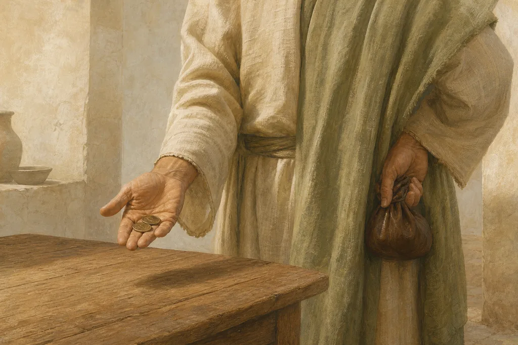 Illustration of a robed person offering coins with one hand while holding a purse partly concealed at their side.