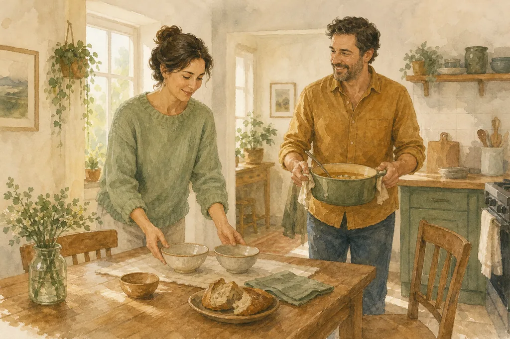 Watercolor illustration of a couple preparing a meal together, with a woman setting bowls on the table and a man carrying a pot of soup.