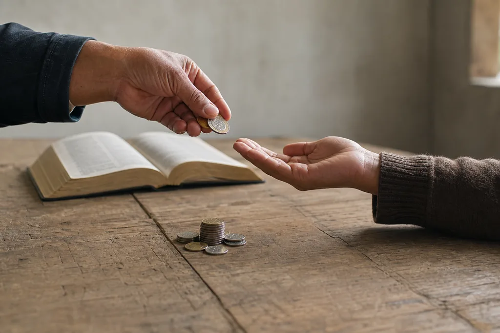 One person offers coins to another across a wooden table with an open Bible and a small stack of coins