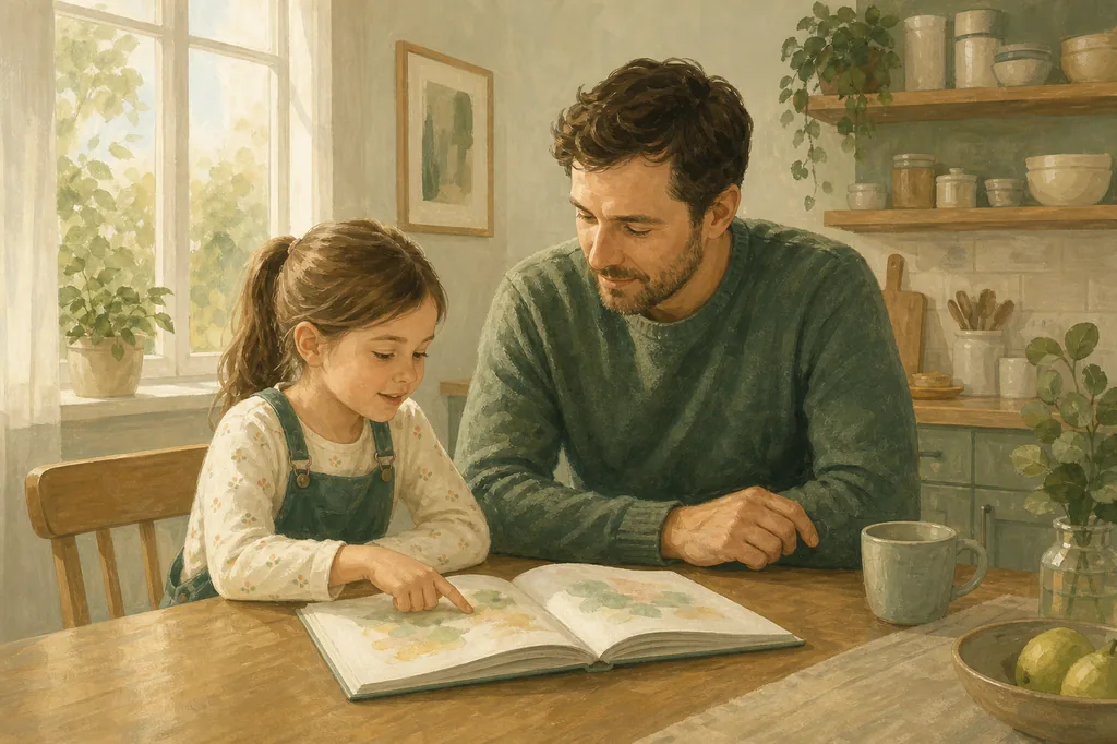 Illustration of a father listening as his daughter points to a page in an open book at their kitchen table
