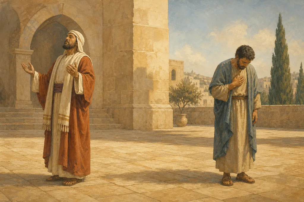 Illustration inspired by Luke 18: two men pray apart in a stone courtyard, one standing upright and the other with his head bowed.