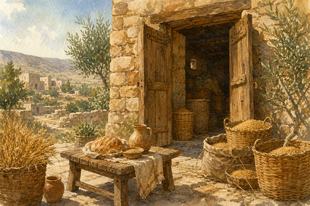 Watercolor illustration of grain baskets outside an open stone storehouse, with bread and a clay jug on a wooden table.