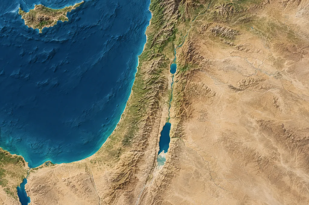 Relief-style overhead view of the eastern Mediterranean coast, Jordan Valley, and Dead Sea